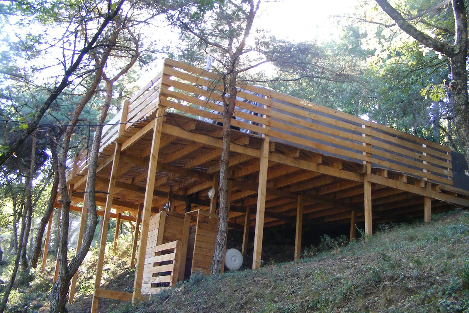 La plateforme en bois du bivouac, perchée sur pilotis au milieu des arbres