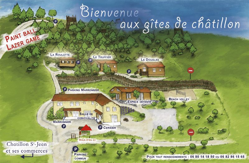 Plan illustré du domaine : la roulotte, le Truffier, le Douglas, l'espace détente, le Marronnier, le Cerisier, le beach-volley et le terrain de paintball