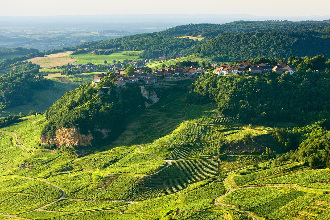 Château-Chalon et son vignoble vus du ciel, le village perché sur sa falaise