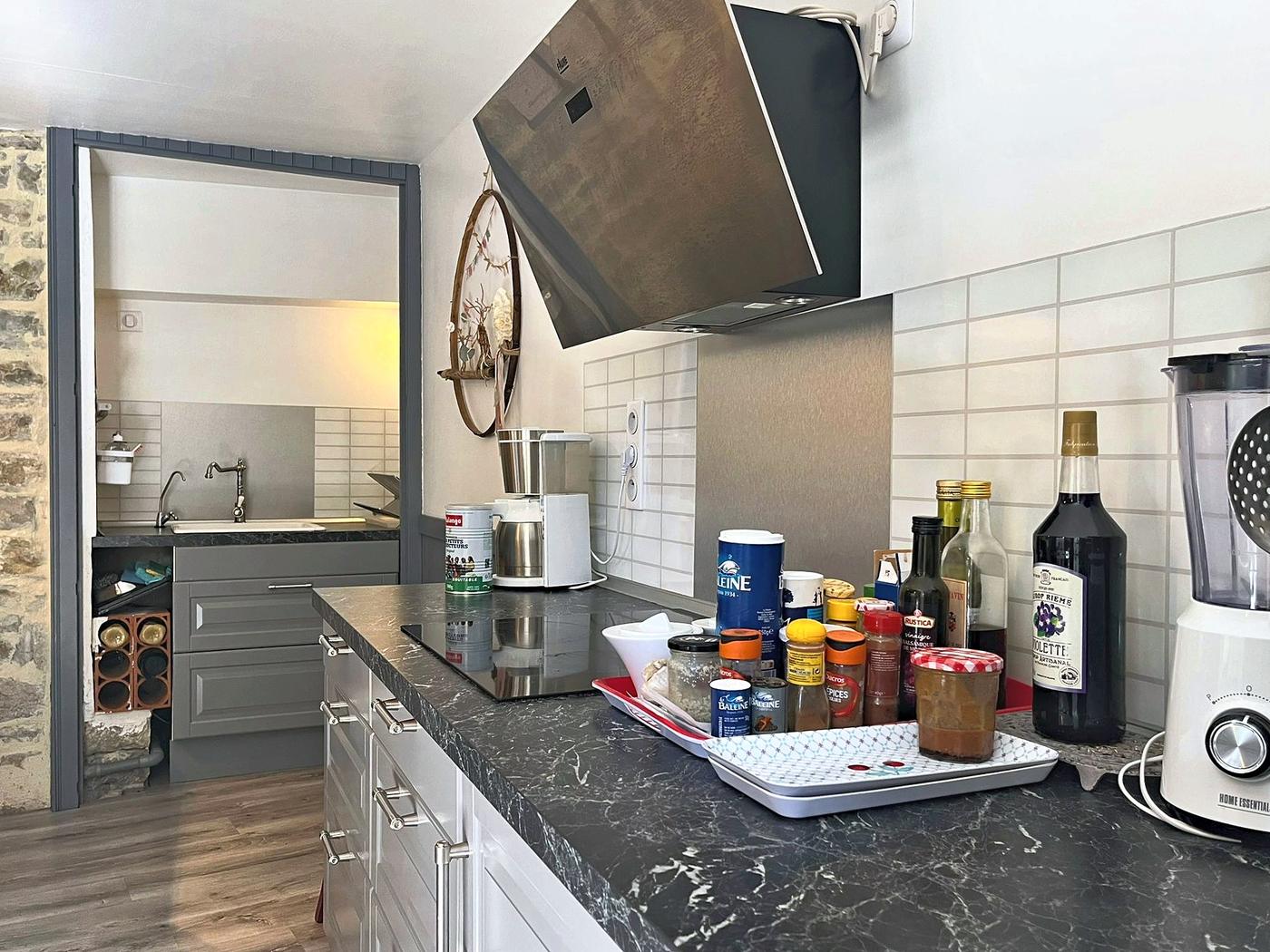 Le plan de travail de la cuisine, sa hotte et son four