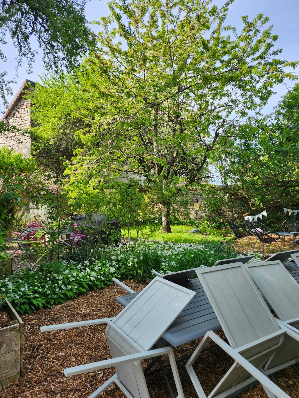 Un coin du jardin planté, à l’ombre du grand arbre