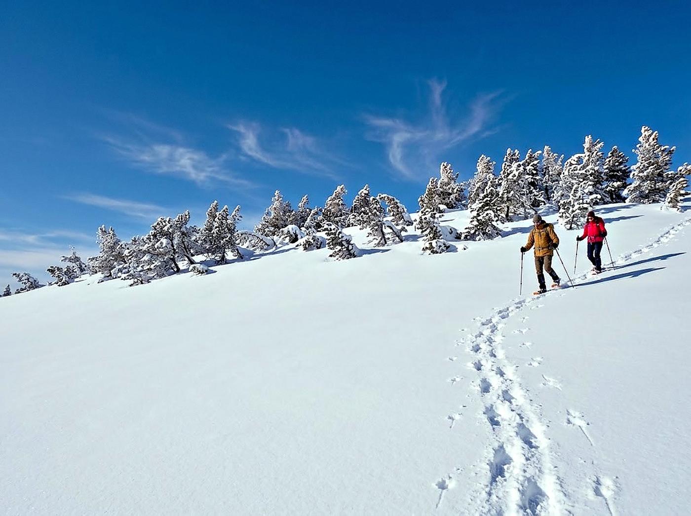 Deux randonneurs en raquettes sur une crête enneigée, leurs traces derrière eux